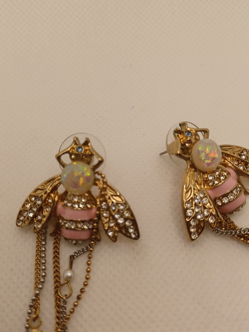 Gold Bee Dangle Earrings with Pink Enamel and Crystal Accents